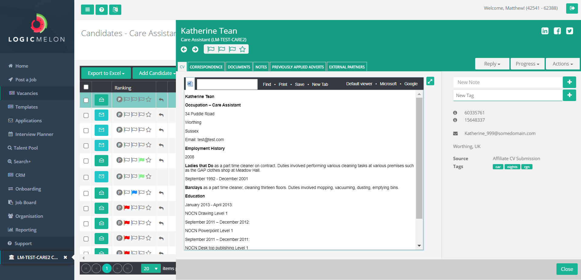 Candidate profile screenshot